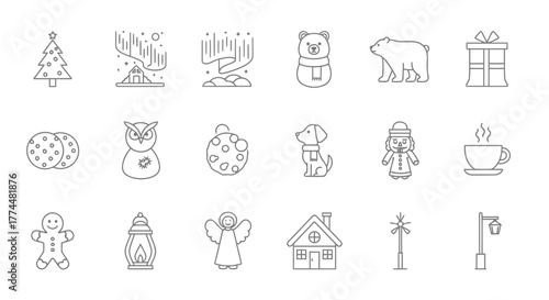 Set of christmas season celebration outline icons, holidays themed