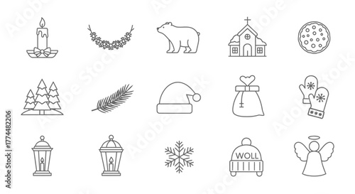 Festive Christmas Icons Set Winter Holiday Line Art Collection