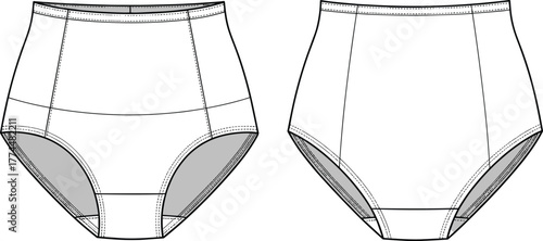 High waisted underwear, women lingerie design, technical fashion drawing, garment flat sketch, seam detail, fabric paneling, lingerie template, apparel construction reference