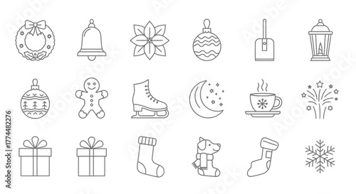 Festive Outline Icons Christmas, Winter, and Holiday Cheer in Simple Line Art