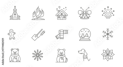 Festive Winter Season A Collection of Holiday Icons in Line Art Style