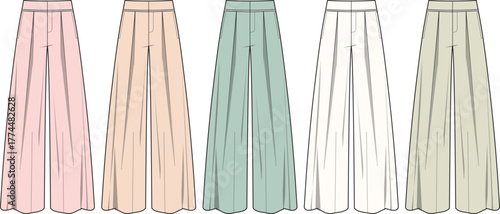 Collection of five different colored wide-leg trousers, showcasing a variety of pastel shades
