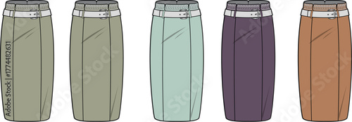 Five elegantly designed women's long skirts, illustrated in a practical flat lay style, featuring a diverse palette of contemporary colors for fashion design and apparel catalogs