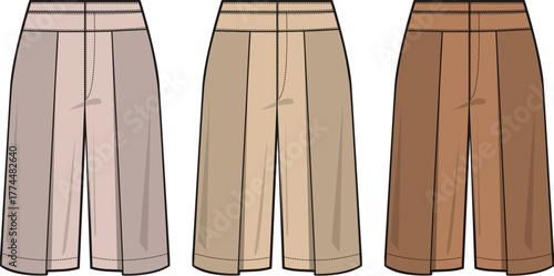Trendy wide-leg cropped culottes vector illustration set in various neutral shades, ideal for fashion design, apparel catalogs, and style presentations