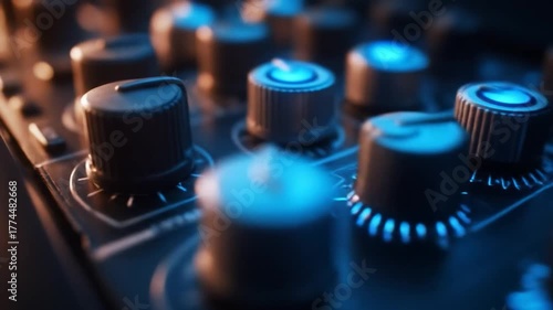 A close-up of dark control knobs with blue light emitting details, creating a moody feel