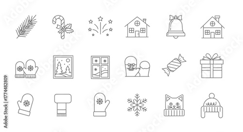 Delicate Line Art Icons Depicting Classic Winter and Holiday Symbols