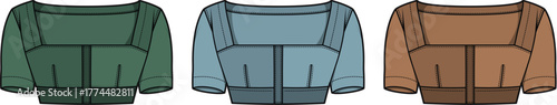 Set of women's square neck top fashion flat sketches in multiple colors. Technical drawing of a crop top with bustier detail and blouson sleeves for apparel design