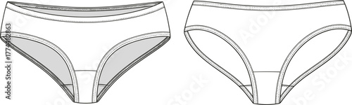 Technical flat sketch of women’s bikini briefs front view, fashion garment template, underwear illustration, lingerie design, apparel outline, clothing vector, intimate wear