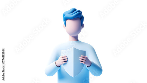 3d cartoon character holding a shield, representing security and protection, isolated on transparent background