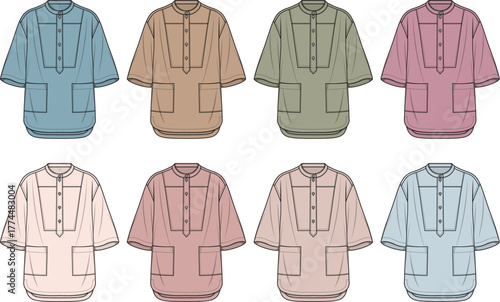 Collection of Casual Short-Sleeved Tunics in Various Pastel Colors for Men