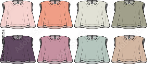Collection of women's sleeveless top fashion flat technical sketches. Apparel design template vector illustration set in various colorways