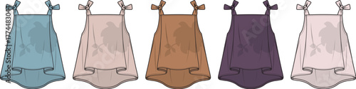 Fashion Illustration of Five Different Colors of a Jumpsuit with Tie Straps