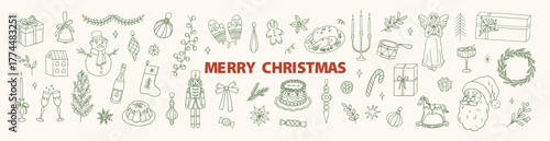 Set of vintage Christmas symbols and characters. Hand drawn illustration in sketch line style.