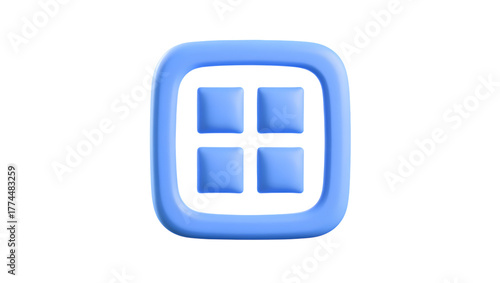 3d icon representing a grid or layout, composed of four blue squares within a rounded square frame, isolated on transparent background