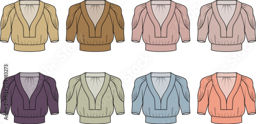 Color variations of elegant vintage-style blouses with gathering details, perfect for a classic wardrobe