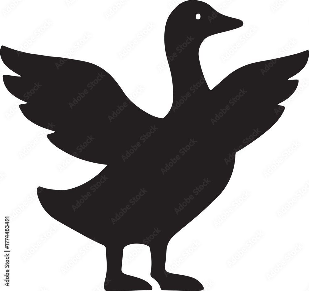 Fototapeta premium Barnyard goose silhouette flapping wings, balanced bold farm animal vector design.