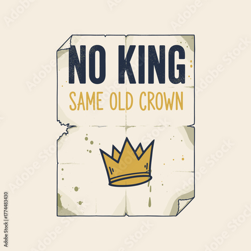 protest slogan featuring a crossed-out crown and the words 'NO KING'. The design symbolizes opposition to authority and political policies