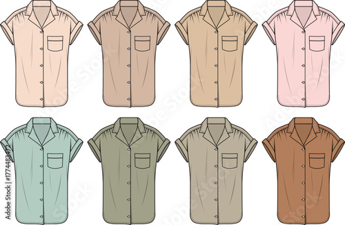 Collection of women's short-sleeve casual shirts, rendered in various soft pastel colors, illustrating versatile fashion design for everyday wear and comfortable styling