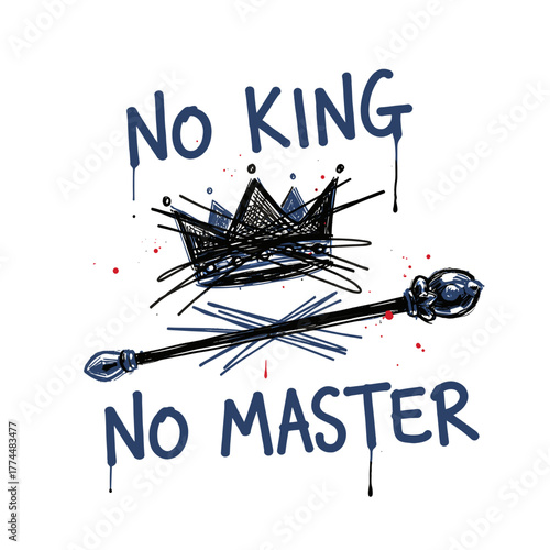 protest slogan featuring a crossed-out crown and the words 'NO KING'. The design symbolizes opposition to authority and political policies