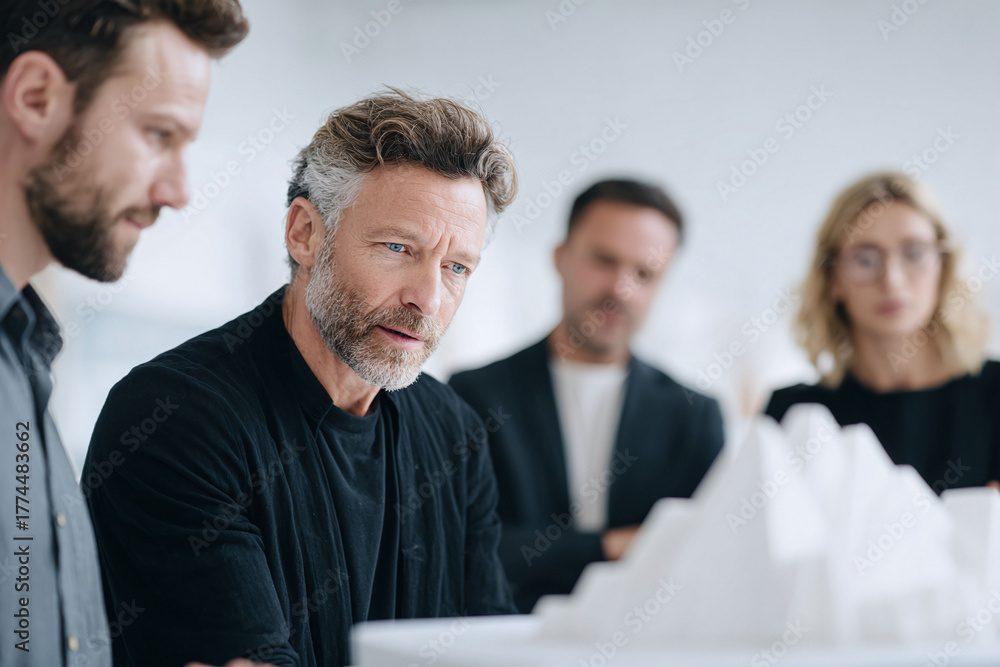 Fototapeta premium Team intently examines an architectural model. The mature professional and colleagues collaborate, showcasing expertise, innovation, and teamwork. Suitable for design, project management.
