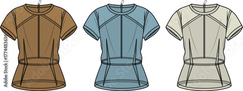 Fashion flat sketches of three short-sleeved tops with intricate seam details and cinched waistlines