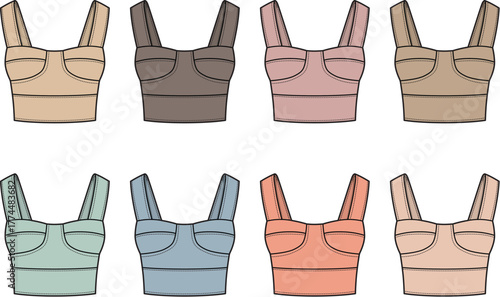 Set of women's bustier bralette crop tops shown as technical flat sketches. Fashion vector illustration in various color palettes for apparel design