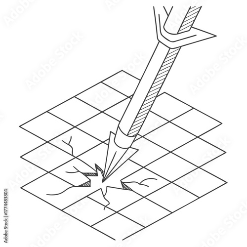 A sharp chisel breaking through a grid pattern representing a floor or surface