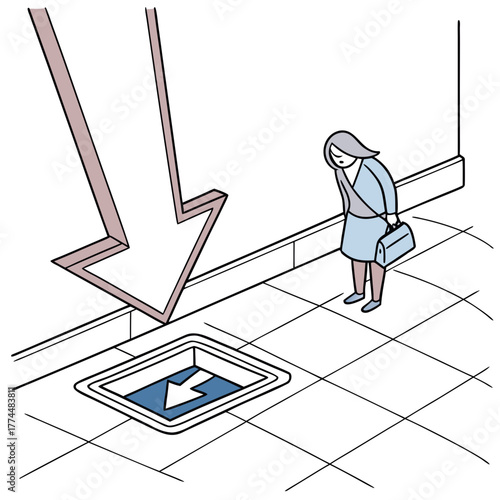 Woman looking down at a hole in the ground with an arrow pointing downwards into it