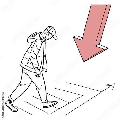 Young man walking towards a large red arrow pointing downwards representing a challenge or setback