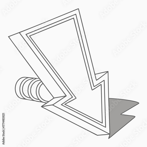 Stylized 3d arrow icon pointing downward with a shadow and cylindrical base