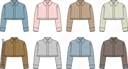 Set of eight cropped shirt designs in various colors, presented as flat fashion illustrations