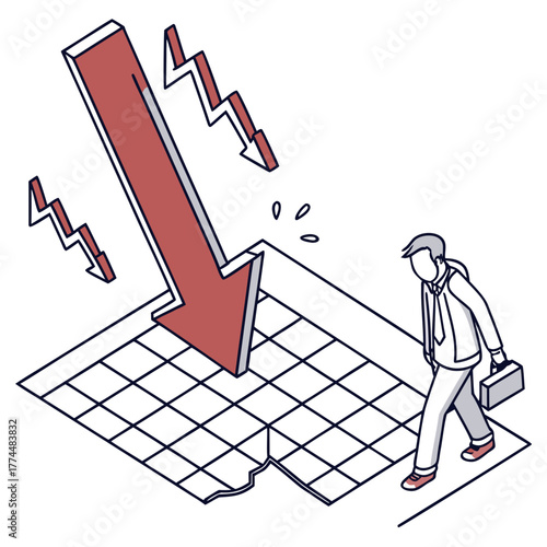 Businessman walks away from a large red downward trending arrow and broken graph indicating financial loss