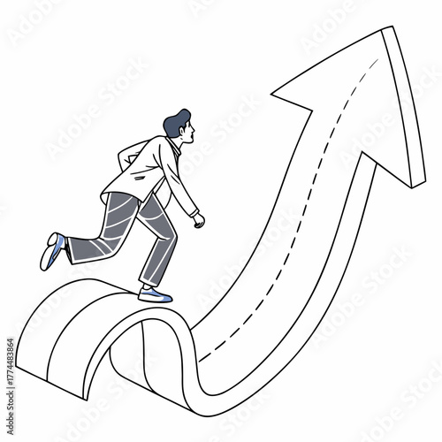 Businessman running up a rising arrow symbolizing career growth and success on a white background