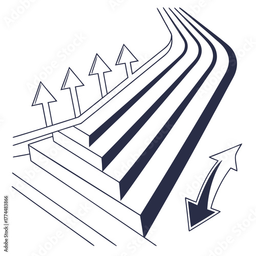 Abstract illustration of upward climbing stairs with arrows indicating progress and a downward arrow showing a setback