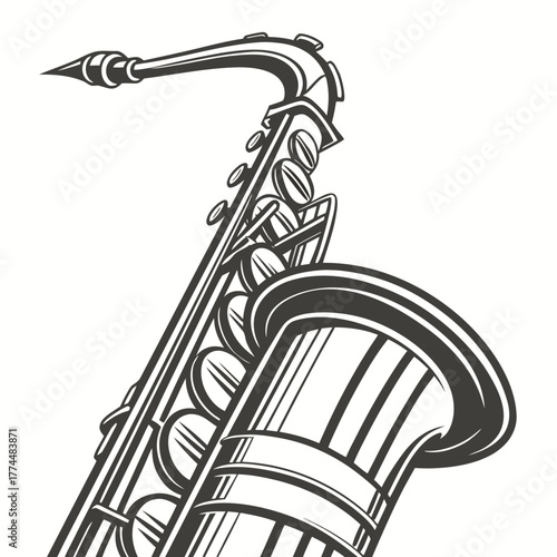 Stylized black and white illustration of a saxophone with a white background
