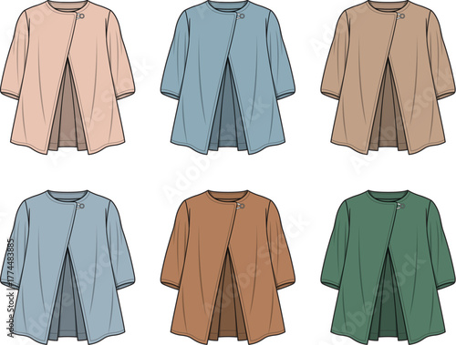 Collection of fashionable women's coats in various muted colors, showcasing elegant outerwear for different seasons and styles