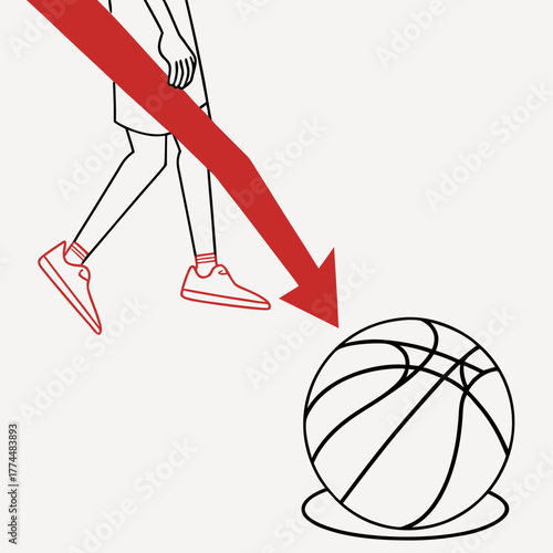 Basketball player with red arrow indicating downward trajectory towards a basketball