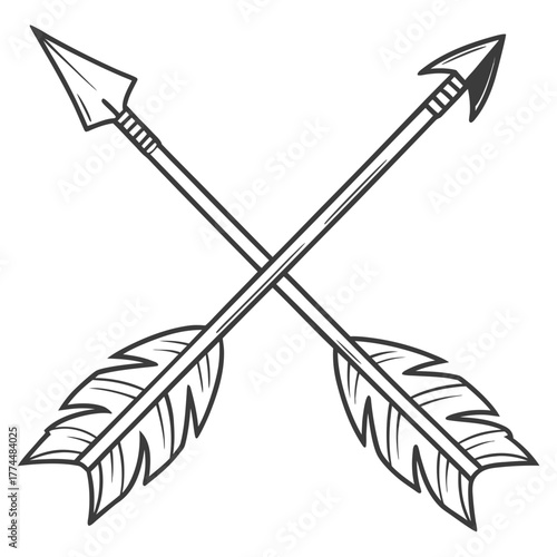 Two crossed hand drawn arrows with feathers and sharp points in a simple black outline design