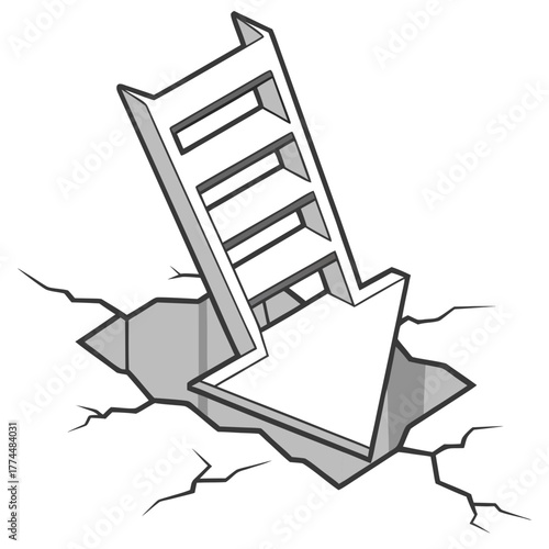 A conceptual illustration of a downward pointing arrow shaped ladder breaking through a cracked surface