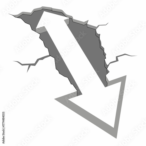White arrow breaks through a cracked gray surface with a dramatic downward trajectory and shadow