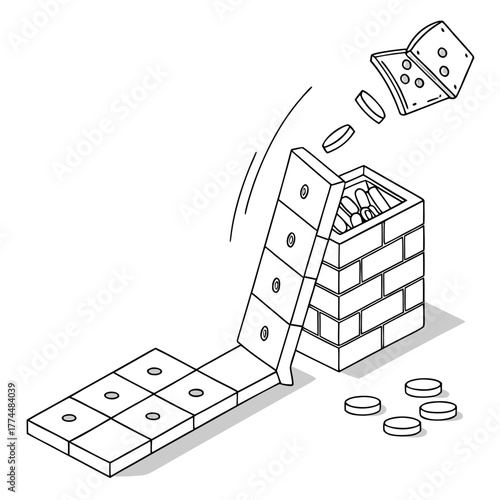 Dominoes falling and spilling out of a brick box with a lid open