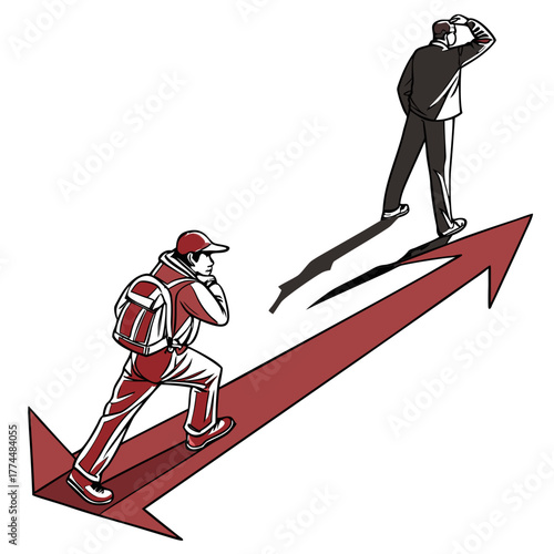 One person climbs an upward trending arrow while another looks ahead into the distance