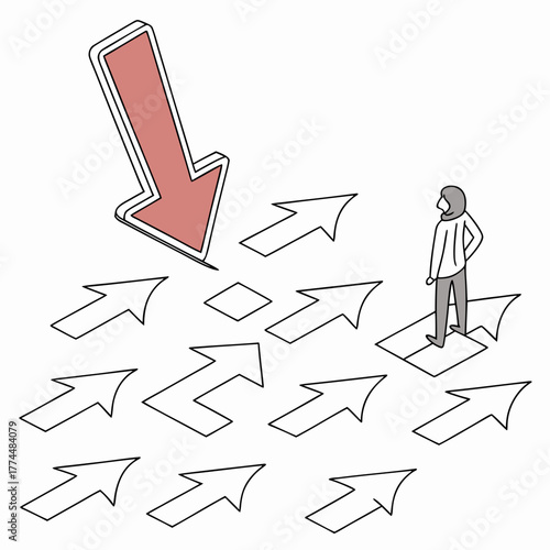 Person standing at a crossroads of many arrows contemplating the right direction to take