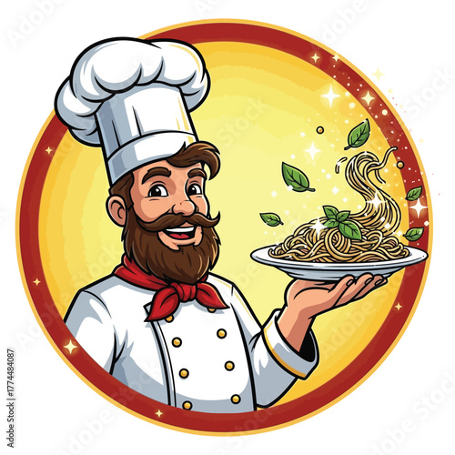 Joyful Italian chef proudly presents a steaming plate of delicious spaghetti, inviting diners to savor authentic flavors and culinary excellence.