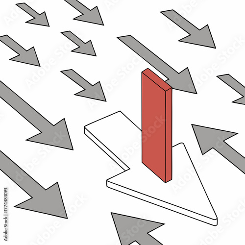 One red arrow stands out against a crowd of gray arrows all pointing in the same direction
