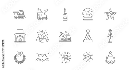 Festive Line Art Holiday Icons for Christmas & Winter Designs