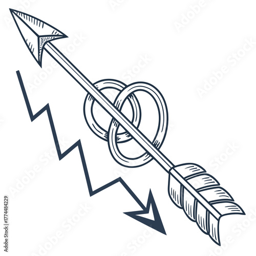 Hand drawn arrow piercing intertwined rings with a downward trending graph line symbolizing decline