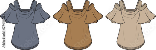 Fashionable Shoulder Cutout Top Design with Ruffled Sleeves in Muted Colors