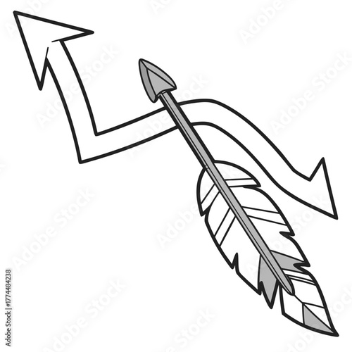Stylized arrow with a feather fletching pierces a zigzagging arrow representing a challenging path forward