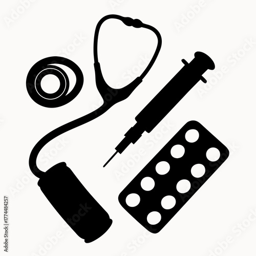 Silhouette of medical equipment including a stethoscope syringe pills and blood pressure cuff shown